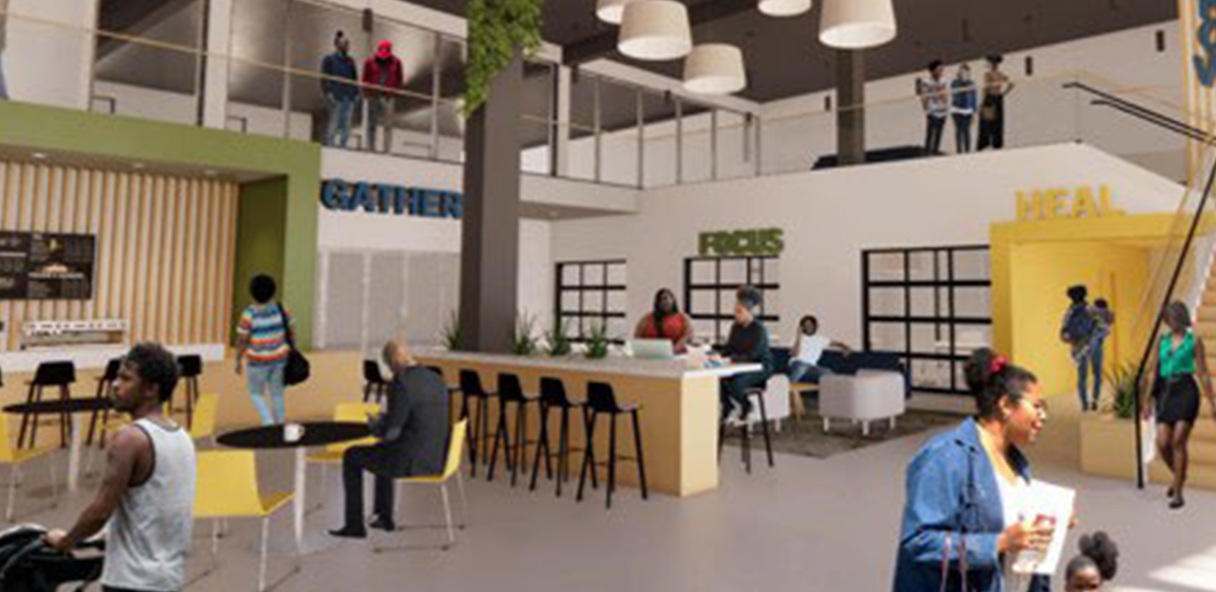 Rendering of interior atrium of building with people walking through and sitting at tables.